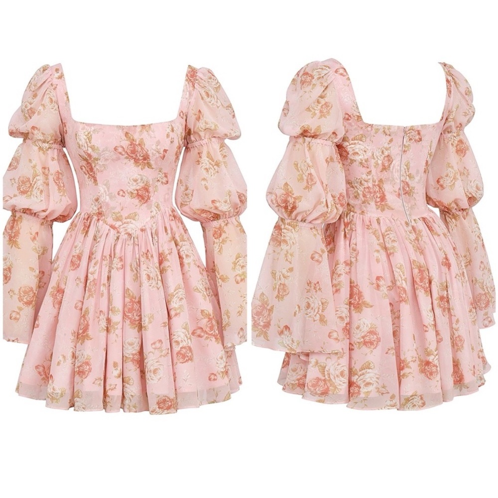 House of CB SANCIA English Vintage Rose Print Puff Sleeve Mini Dress NWOT - Picture 8 of 12